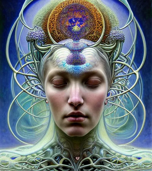 Prompt: detailed realistic beautiful young biopunk queen of quartz galaxy in full regal attire. face portrait. art nouveau, symbolist, visionary, baroque, giant fractal details. horizontal symmetry by zdzisław beksinski, iris van herpen, raymond swanland and alphonse mucha. highly detailed, hyper - real, beautiful