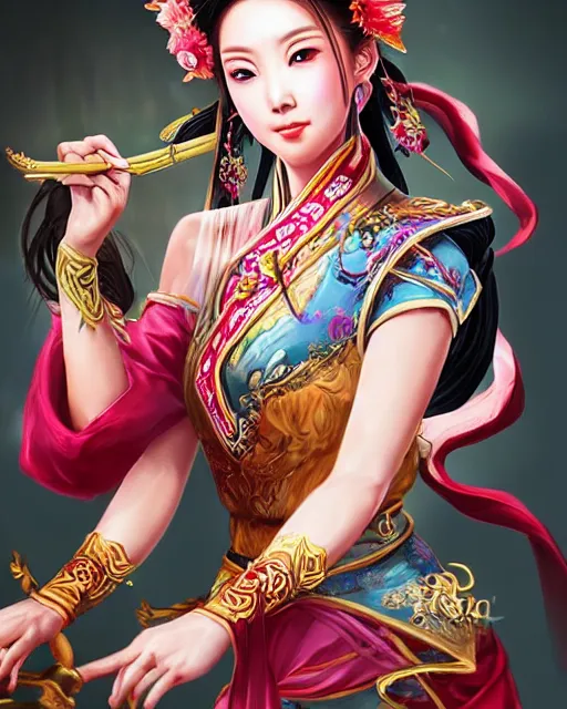 Prompt: beautiful portrait of diao chan , tzuyu from twice in romance of three kingdoms in the paintetly style of WLOP, artgerm, brush stroke oil painting, dynamic lighting, imagine fx, artstation