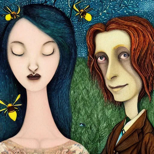 Image similar to a portrait of a woman standing infront of a window, she is happy and has lovely hair and eyes, a man is standing behind her with a look of suprise in his face, 🪴🌳🐝, 8 k, lowbrow, in the style of daniel merriam and alexander jansson,