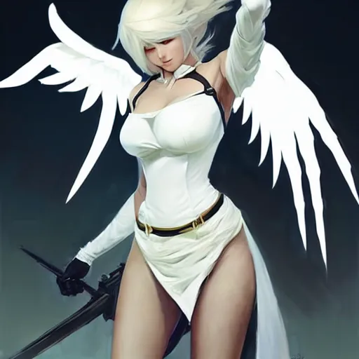 Image similar to greg manchess painting of a 2 yorha type a no. 2 as mercy from overwatch!! in a wartorn environment!!, white long hair, large white wings, trending on artstation, by huang guangjian and gil elvgren and sachin teng