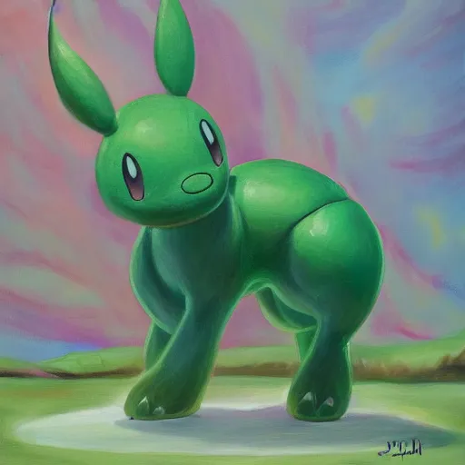 Image similar to Leavanny standing over a defeated rockruff, oil on canvas