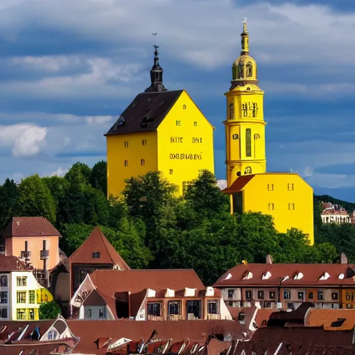 Image similar to a large yellow building with a steeple on top of it, on a hill, a flemish baroque by karl stauffer - bern, unsplash, heidelberg school, panorama, wimmelbilder, nikon d 7 5 0