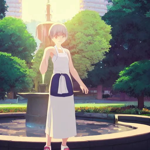 Image similar to a full body portrait of a young woman wearing a white apron standing in front of a fountain in a park, makoto shinkai, james gilleard, very detailed, matte, gaussian blur, tone mapped William-Adolphe