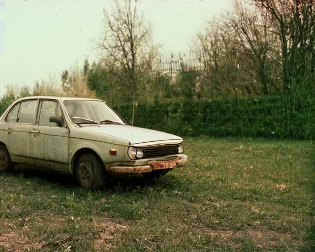 Image similar to a lomographic photo of old lada 2 1 0 7 standing in typical soviet yard in small town, hrushevka on background, cinestill, bokeh