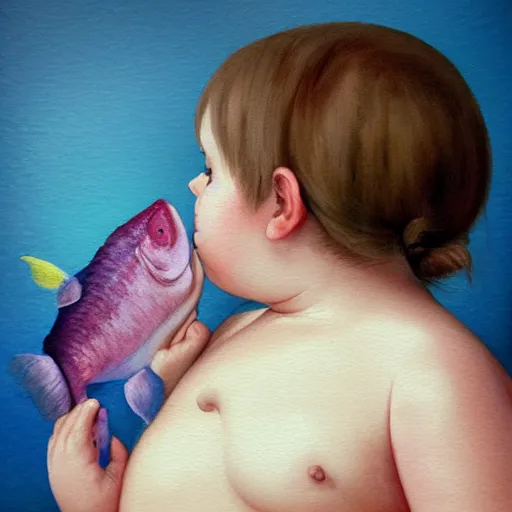 Image similar to a hype realistic oil painting of the most cute little fat girl kissing a huge colorful cute fish. hype realistic scene. old photography style. studio lighting. window. 3 d, octane render, deep focus, fashion style, white scene. very funny and sweet art. unreal engine. watercolor. fellini style. poster quality. da vinci painting style. illustration.