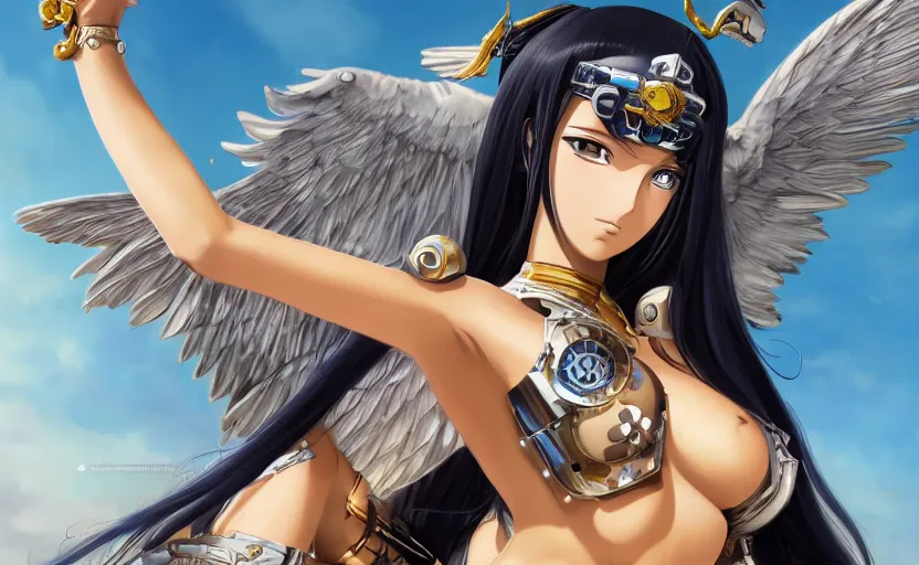Image similar to mechanized valkyrie of nico robin from one piece, anime style, konami mecha, spread wings, hair down, symmetrical facial features, from arknights, hyper realistic, 4 k, rule of thirds, extreme detail, detailed drawing, trending artstation, hd, d & d, realistic lighting, by alphonse mucha, greg rutkowski