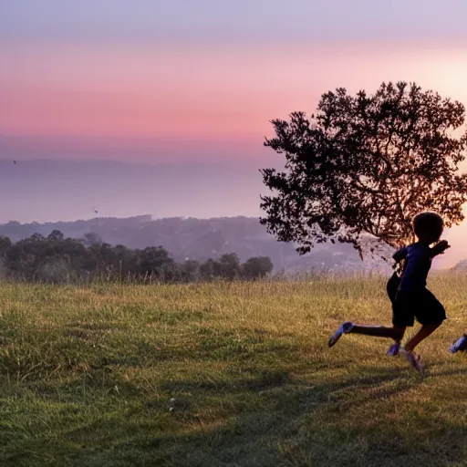 Image similar to two silhouetted children running across a hilltop with with one oak tree at far right of picture. A sun-filled dusk sky backdrop. photo by annie Liebowitz