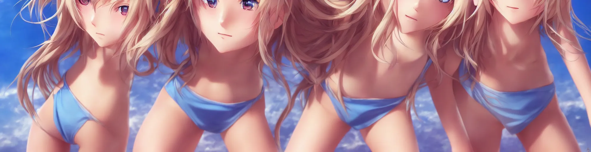 Image similar to a very beautiful young anime tennis girl, full body, long wavy blond hair, sky blue eyes, ( ( ( full round face ) ) ), short smile, bikini, miniskirt, front view, mid - shot, highly detailed, cinematic wallpaper by stanley artgerm lau