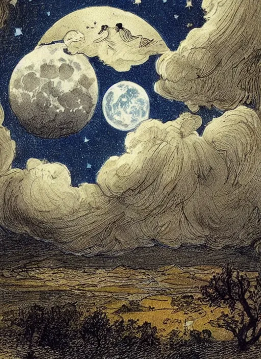 Image similar to night sky, stars, moon prominently in the center, surrounded by clouds, landscape, illustrated by peggy fortnum and beatrix potter and sir john tenniel