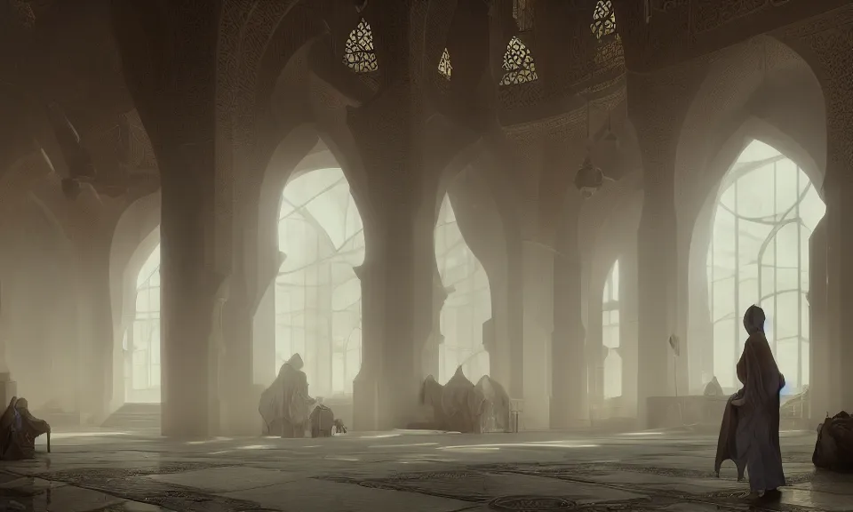 Image similar to Futuristic matte painting of inside a Mosque, volumetric light scattering, highly detailed, digital art, Andreas Rocha, Greg Rutkowski, Darek Zabrocki, ArtStation, CGSociety, Unreal Engine, 4K, 8K