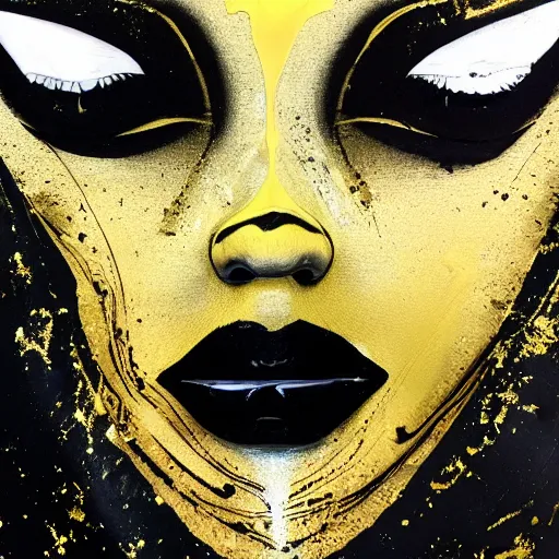 Prompt: liquid marble acrylic fluid paint, black ink, golden and black liquid materials, abstract art, beautiful female face