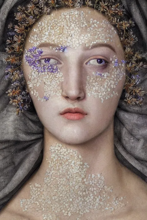 Prompt: hyperrealism close - up mythological portrait of a medieval woman's shattered face partially made of lavender flowers in style of classicism, pale skin, wearing silver dress, dark and dull palette