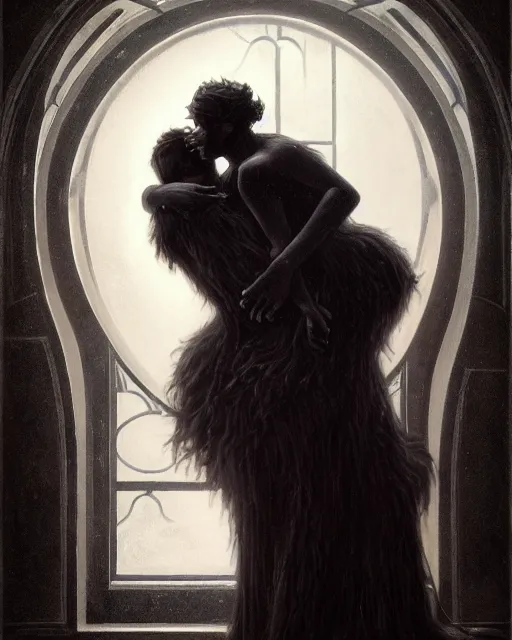 Image similar to a portrait of black furry shadow monster who is carrying a beautiful girl in his arms, background of deep shadows, illustration, dramatic lighting, soft details, painting oil on canvas, art nouveau, octane render, HDR, 4k, 8k, HD, by Edmund Blair Leighton, Brom, Charlie Bowater, trending on artstation, Tom Bagshaw, faces by otto Schmidt