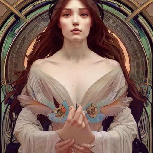 Image similar to a beautiful painting of a beautiful angel by ross tran!! and alphonse mucha and greg rutkowski! and gustav dore! and artgerm!!, in style of digital art illustration. symmetry. highly detailed face. fantasy, smooth, hyper detailed, sharp focus, soft light. trending on artstation. 4 k