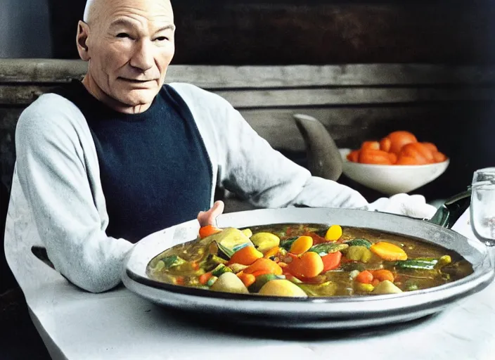 Prompt: patrick stewart sitting in a big bowl of vegetable stew