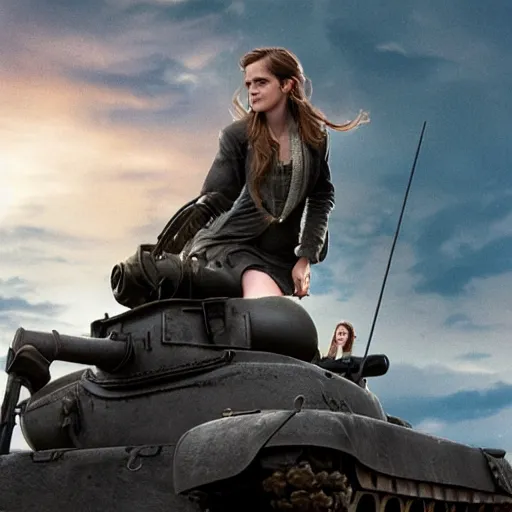 Image similar to Photo of Emma Watson on top of a tank in Hogwarts, establishing shot