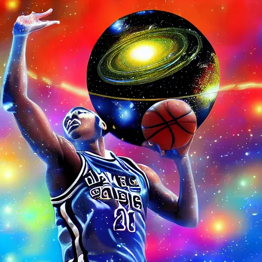 Image similar to A basketball player performing a slam dunk in the galaxy, digital art