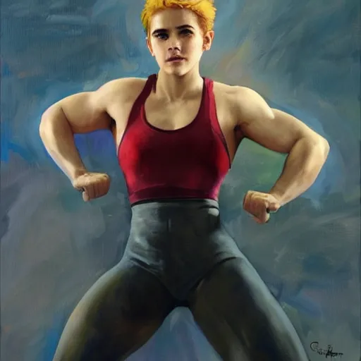 Prompt: greg manchess portrait painting of emma watson as muscular weightlifter zarya from overwatch, medium shot, robust body, asymmetrical, profile picture, organic painting, sunny day, matte painting, bold shapes, hard edges, street art, trending on artstation, by huang guangjian and gil elvgren and sachin teng