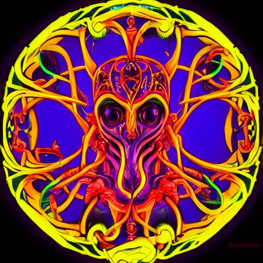 Image similar to 4 k stylized neon headshot of godlike cthulhu with defined arms and open hands and bloody clothes with giant mandala wings, intricate face, flawless anime cel animation by kentaro miura, psychedelic, highly detailed upper body, professionally post - processed, beautiful, scary, symmetry accurate features, epic, octane rendered, anime masterpiece, accurate