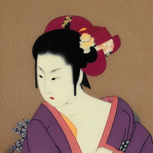 Image similar to geisha girl by ikenaga yasunari and ayana otake and ko rakusui, drawing, realistic, sharp focus, japanese, dreamy, nostalgia, faded, golden hues, floral clothes