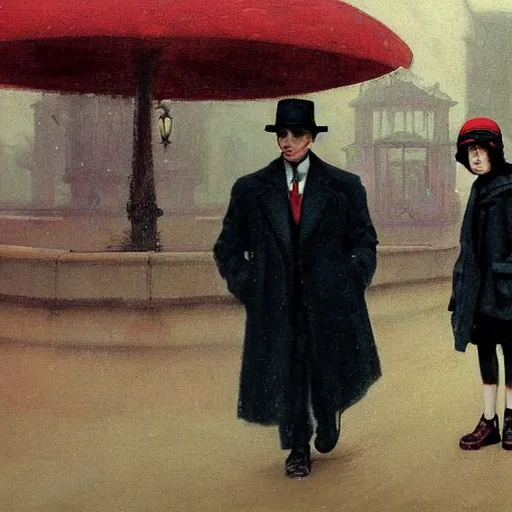 Prompt: a highly detailed epic cinematic concept art, cyberpunk, a thin man in a black coat and bowler hat talks with small young girl who is dressed in a red coat and a red hat, Berlin park, autumn, 1923, in the style of in the style of Francis Bacon and Syd Mead and Norman Rockwell and Beksinski, painted by Francis Bacon and Edward Hopper, painted by James Gilleard, surrealism, airbrush, Ilya Kuvshinov, WLOP, Stanley Artgerm, very coherent, triadic color scheme, art by Takato Yamamoto and James Jean, high detail, width 768