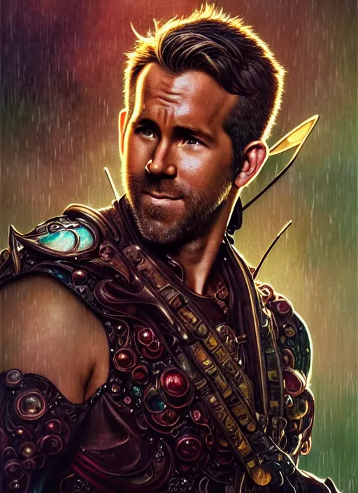 Image similar to portrait of ryan reynolds, d & d, wet, shiny, fantasy, intricate, elegant, hyper detailed, ultra definition, photoreal, artstation, unreal engine rendered, concept art, smooth, sharp focus, illustration, art by artgerm and greg rutkowski and alphonse mucha and garis edelweiss