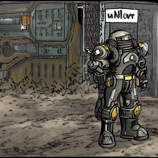 Prompt: fallout enclave fighter in power armor with a minigun in his hands stands next to the entrance to the shelter from fallout, fallout 2 stylization, isometric, post - apocalyptic,