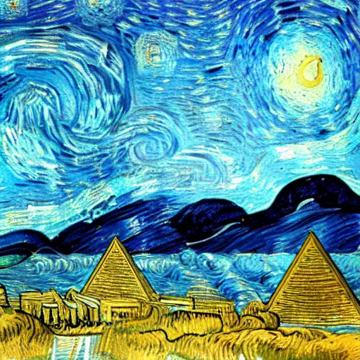 Image similar to pyramids in the middle of the ocean with planet people van gogh