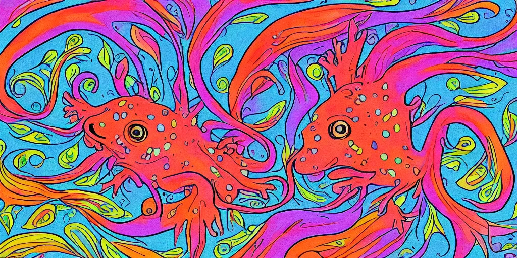 Prompt: the face of an axolotl in the style of louis wain. vivid color. ultra detail.