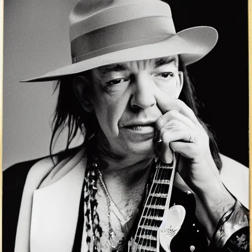 Image similar to Stevie Ray Vaughan, aged 68, studio portrait photo, studio lighting, 8k uhd lightroom, photo by annie leibovitz