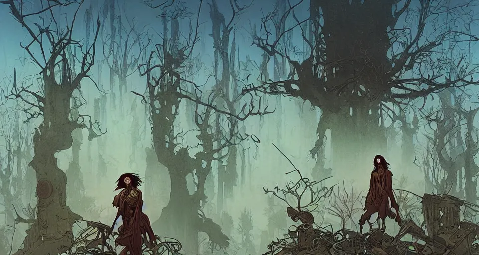 Image similar to poster artwork by michael whelan and tomer hanuka, portrait of druid in postapocalyptic city intertwined with nature and forest floating in in the clouds of jupiter, epic composition, clean, art deco