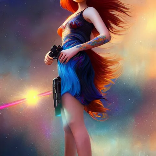 Prompt: portrait of a beautiful tattoed redhead woman carrying a laser gun, a planet in the background. blue dress, light iridescent hair color, long windy hair style, fantasy, intricate, sharp focus, lens flare, bloom, rim light, illustration, highly detailed, realistic, digital painting, concept art, matte, art by ruan jia