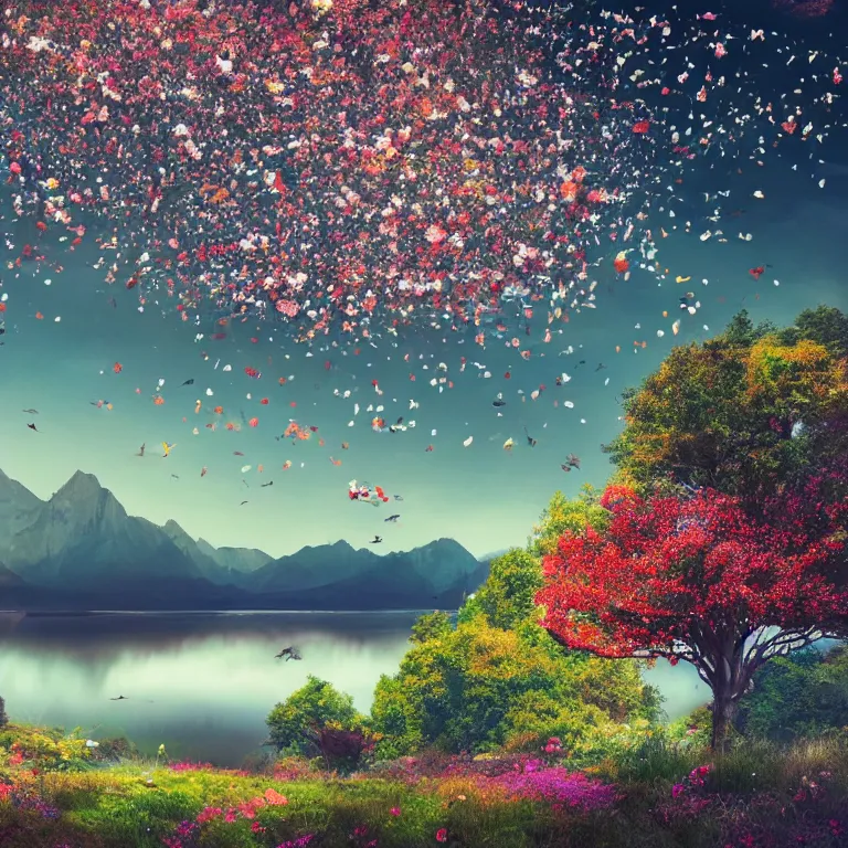 Image similar to a beautiful awesome artistic tree with falling flowers like leaves and many birds, all in the amazing outdoors view, mountain in the background, lake, long exposure, 8 k resolution, trending on artstation