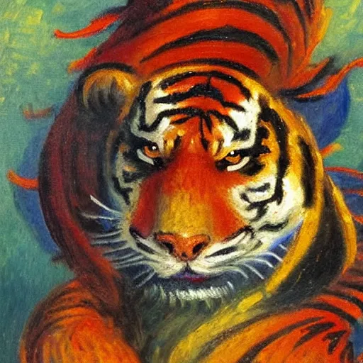 Image similar to an impressionist painting of a Chinese dragon with the face of a tiger