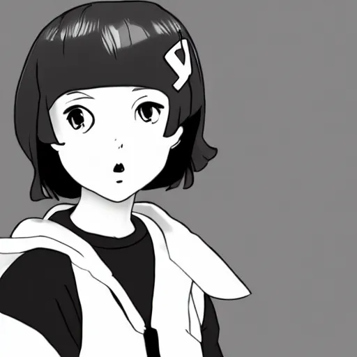 Image similar to Millie Bobby Brown in black and white anime