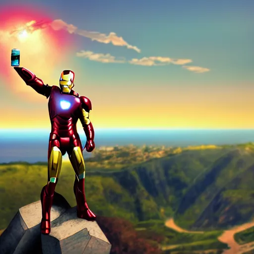 Prompt: Iron man at the top of a mountain, scenic view, holding a beer!!, digital art, gta 5 cover art, trending on artstation