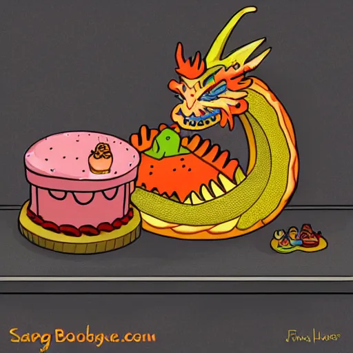 Image similar to Dragon with a body made of cake, sleeping on the kitchen counter of a magical bakery, digital art