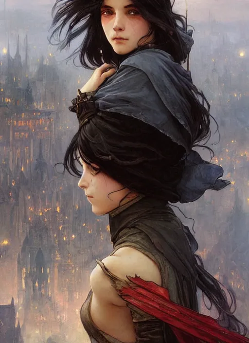 Prompt: a teenage girl with very short dark hair and a tattered grey cloak. she stands on top of a building in a gothic fantasy city. the sky has a red glow and ash is falling. beautiful painting by artgerm and greg rutkowski and alphonse mucha