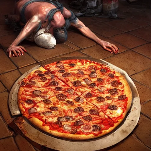 Prompt: gross rotten pizza on the floor, realistic, 8 k, extremely detailed, cgi, trending on artstation, by greg rutkowski