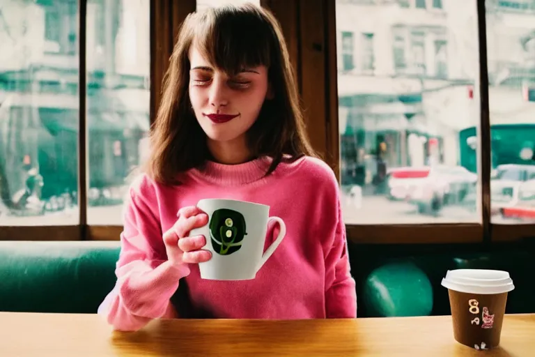 Image similar to girl drinking coffee with pepe the frog in a cafe, 8 0 s style, cinematographic photo