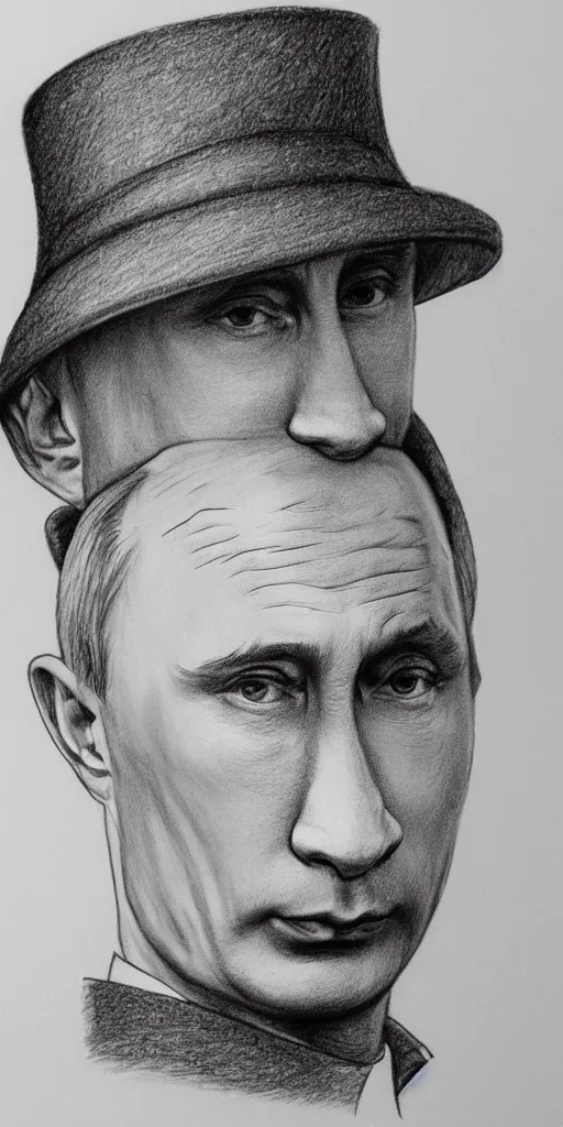 Image similar to vladimir putin with a nuclear mushroom cloud hat, cartoonish, ultra detailed pencil drawing