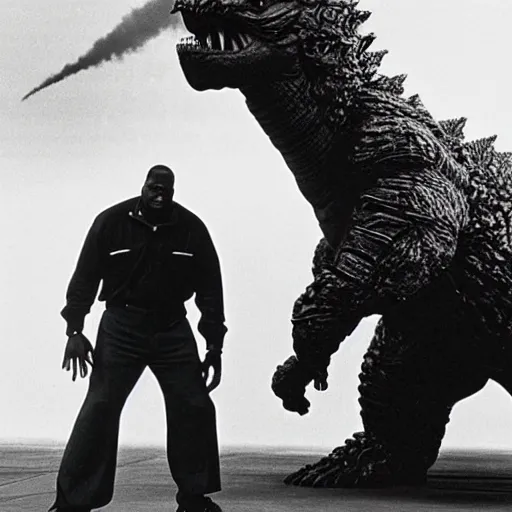 Image similar to shaquille o'neal blocking an attack from godzilla