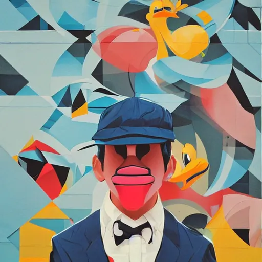 Prompt: Painting of Donald Duck by Sachin Teng :4 stylish, asymmetrical, Matte Painting , Vector art, geometric shapes, hard edges, graffiti, street art:2 Masterpiece, impressive detail, Profound, by Sachin Teng:4