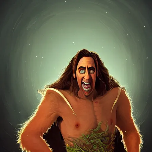 Image similar to portrait of nicholas cage as the goblin king, green skin, long sharp ears and nose, mattepainting concept blizzard pixar maya engine on stylized background splash comics global illumination lighting artstation, sharp focus, lois van baarle, ilya kuvshinov, rossdraws