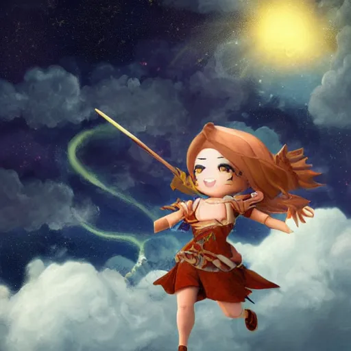 Prompt: painting of a very funny nendroid girl fighting a celestial entity over the clouds at night with many stars and constellations, realistic, harsh lighting, breathtaking, detailed, traditional