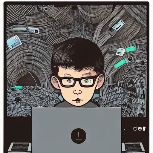 Prompt: illustration of a boy connected to his laptop with hundreds of wires, highly detailed, by butcher billy, cgsociety, mcbess, rutkowski, james jean, 8 k, photorealistic