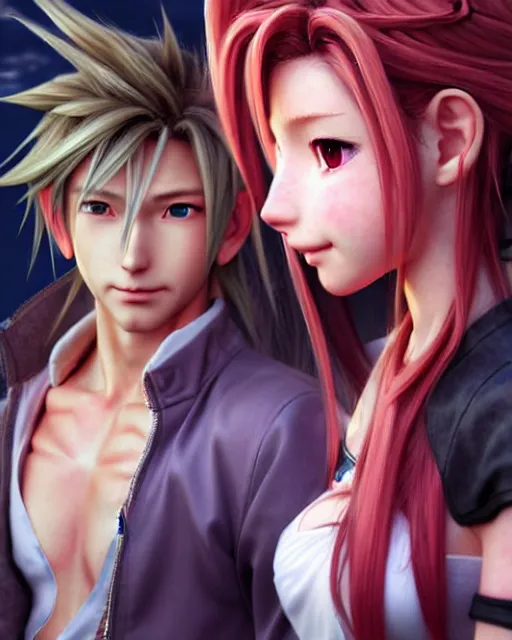 Image similar to character concept art of aerith gainsborough together with cloud strife at gold saucer, istinct - fine, key visual, realistic shaded perfect face, fine details by stanley artgerm lau, wlop, rossdraws, james jean, andrei riabovitchev, marc simonetti, sakimichan, and jakub rebelka, trending on artstation