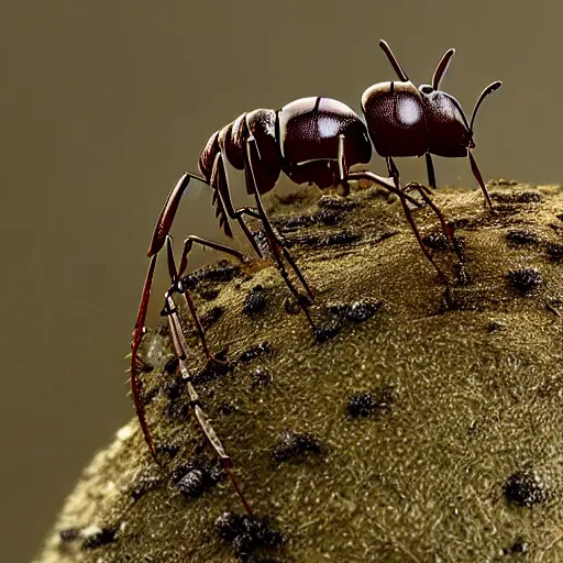 Image similar to king of ants, ant wearing crown ordering ant minions, cinematic, 4k, movie shot, ultra epic