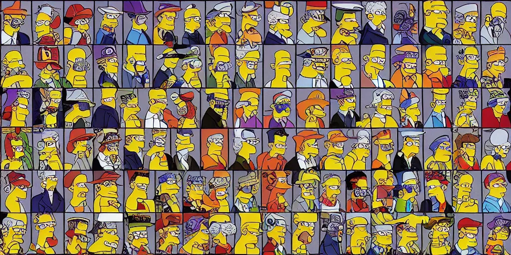 Prompt: the simpsons, autostereograms, escher, where's wally, repeated shapes