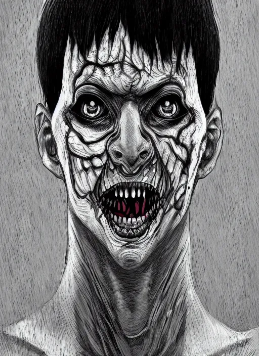 Prompt: digital _ painting _ of _ junji ito horror black and white _ by _ filipe _ pagliuso _ and _ justin _ gerard _ symmetric _ fantasy _ highly _ detailed _ realistic _ intricate _ port